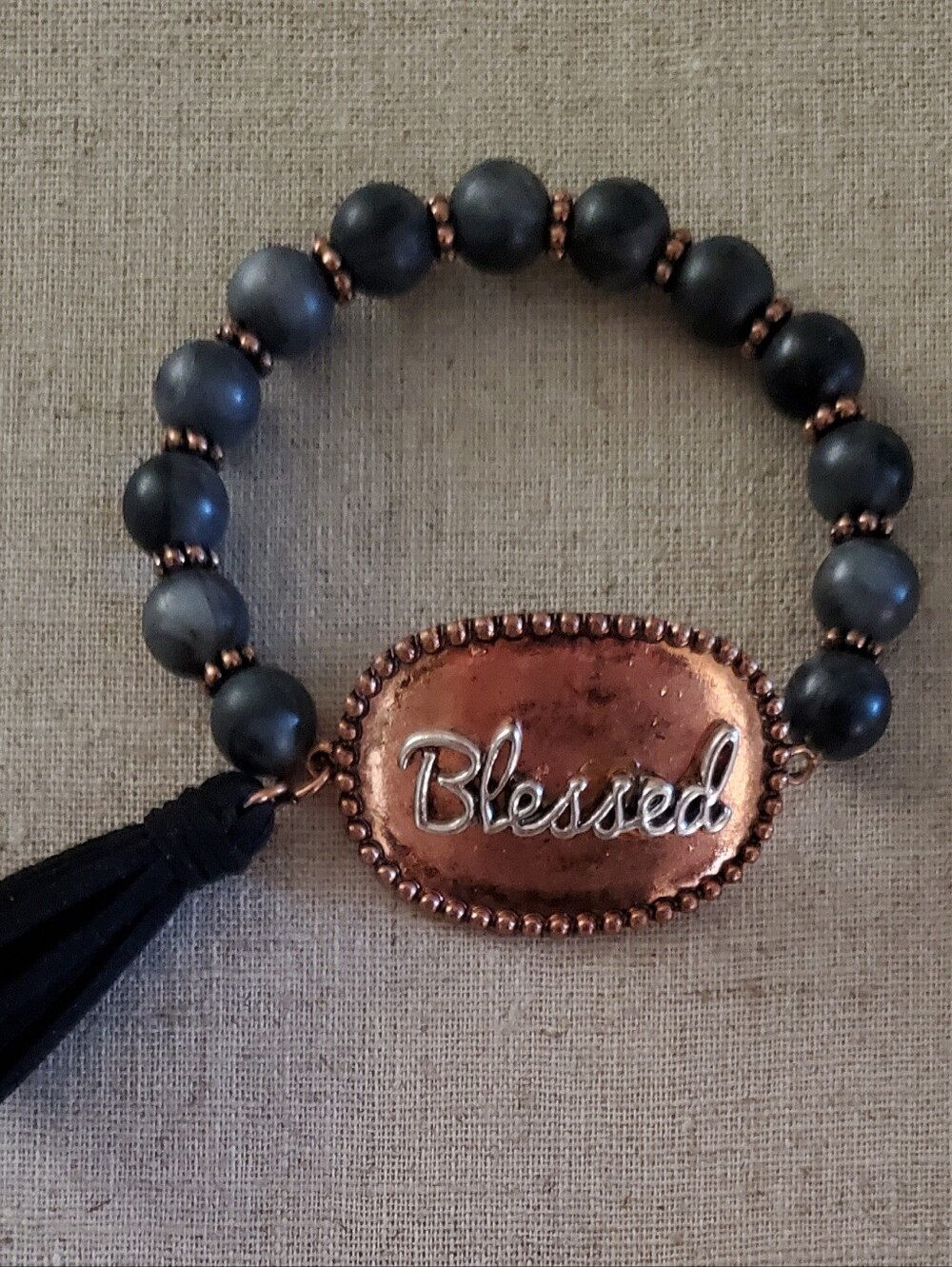 Blessed Black Beaded Stretch Bracelet Copper Tone Tassel Boho OS Boutique New